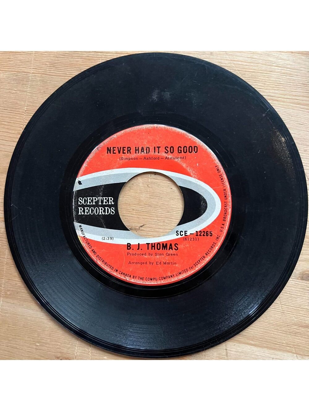 B.J. Thomas-Never had it so Good/Raindrops keep Fallin' on my Head 45rpm VG+ R13